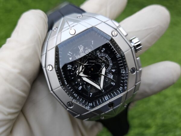 Luxury Silver Octagonal Skeleton Watch with Black Rubber Strap