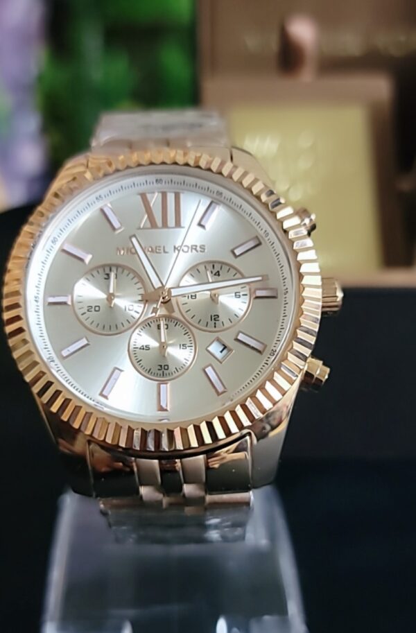 Michael Kors Rose Gold Chronograph Watch with White Dial - Image 6