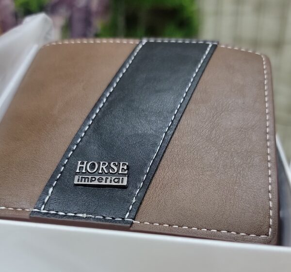 Horse Imperial Premium Leather Wallet with Dual-Tone Brown and Black Design, Durable Stitching, and Elegant Metal Logo for Men