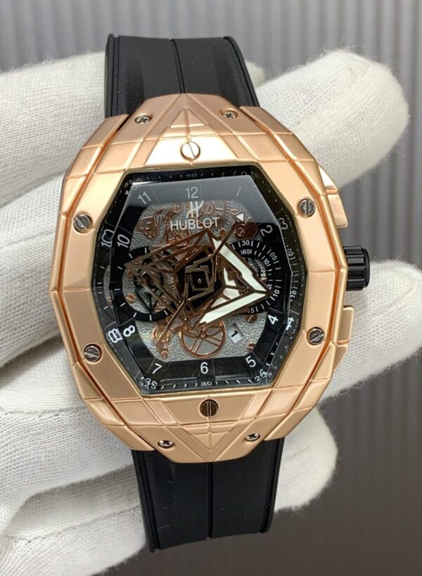 Luxury Rose Gold Octagonal Skeleton Watch with Black Rubber Strap