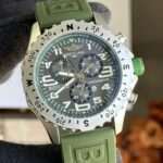 A beautiful and affordable Olive-Green Breitling casual wristwatch featuring a unique large metal dial and a sporty loop strap. Comes with a free box and cufflinks.