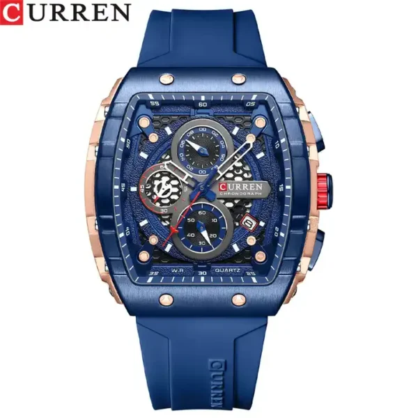 Curren Sports Chronograph Watch with Blue Silicone Strap and Rectangular Case