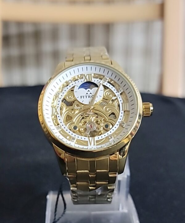 Luxury Fitron Gold Skeleton Dial Watch with Moonphase Indicator - Image 4