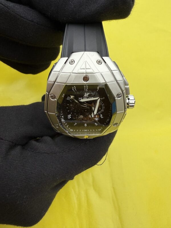 Luxury Silver Octagonal Skeleton Watch with Black Rubber Strap - Image 2