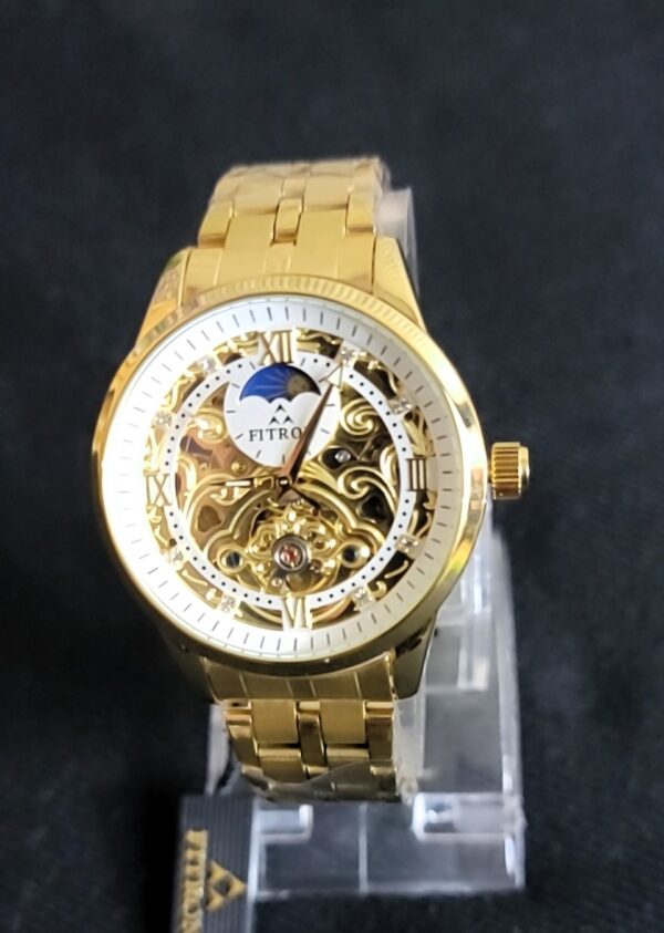 Luxury Fitron Gold Skeleton Dial Watch with Moonphase Indicator